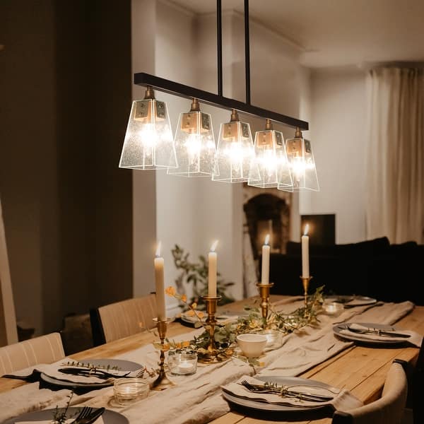 slide 2 of 12, Luray Mid-century Modern Farmhouse 5-Light Linear Chandelier Coastal Island Lights for Dining Room - L34.2"*W3.54"*H8.7" L34.2"*W3.54"*H8.7" - Black/ Brass
