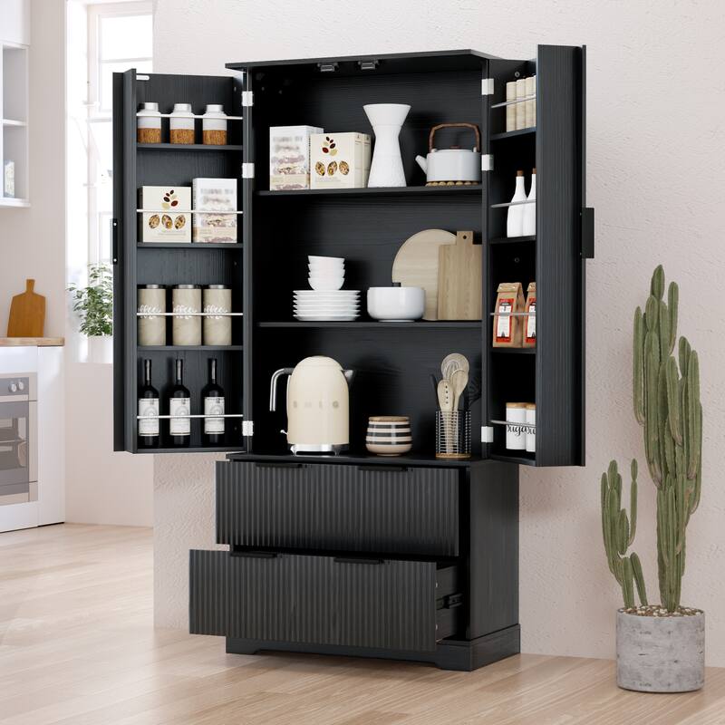 71.65" H Fluted Kitchen Pantry Cabinet, Freestanding Storage Cabinet Buffet Sideboard with 2 Large Drawers & 8-Door Spice Rack