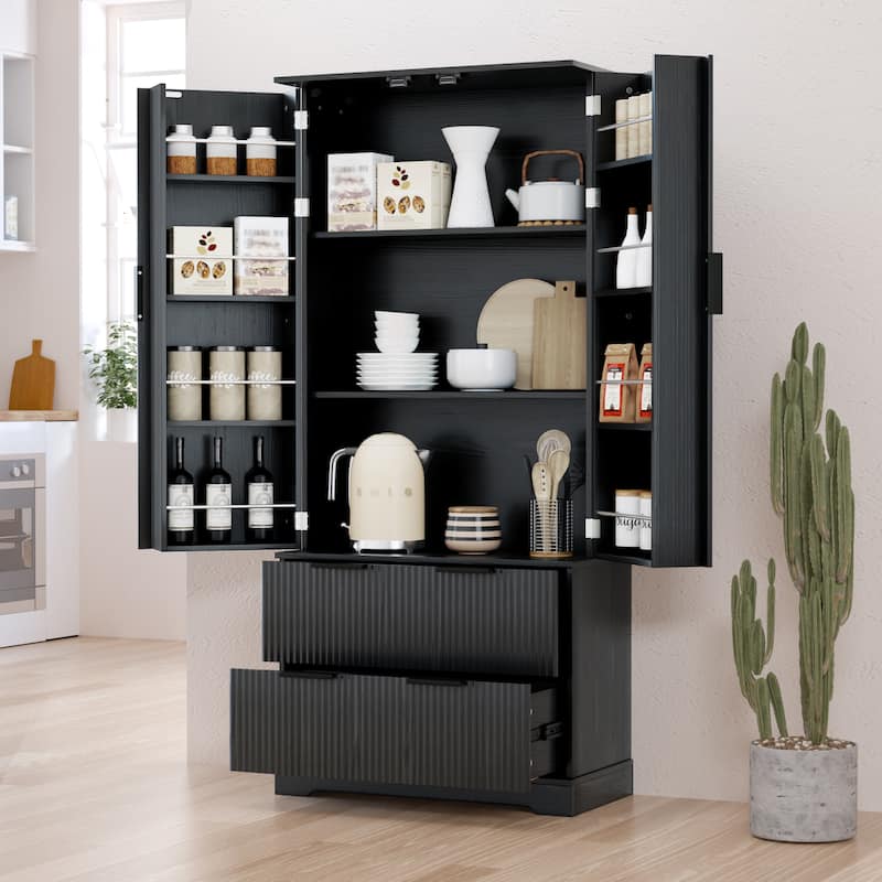 Fluted Kitchen Pantry Cabinet, 2 Doors Freestanding Kitchen Storage Cabinet with 2 Drawers, 8 Spice Racks & Adjustable Shelves