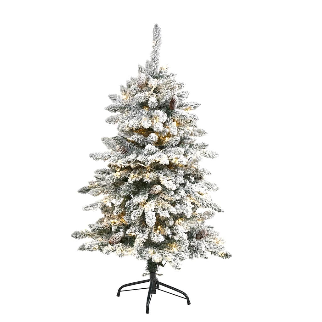 4ft Artificial Christmas Tree - Prelit Flocked Fir Tree with Warm Lights & Pine Cones - White - 48