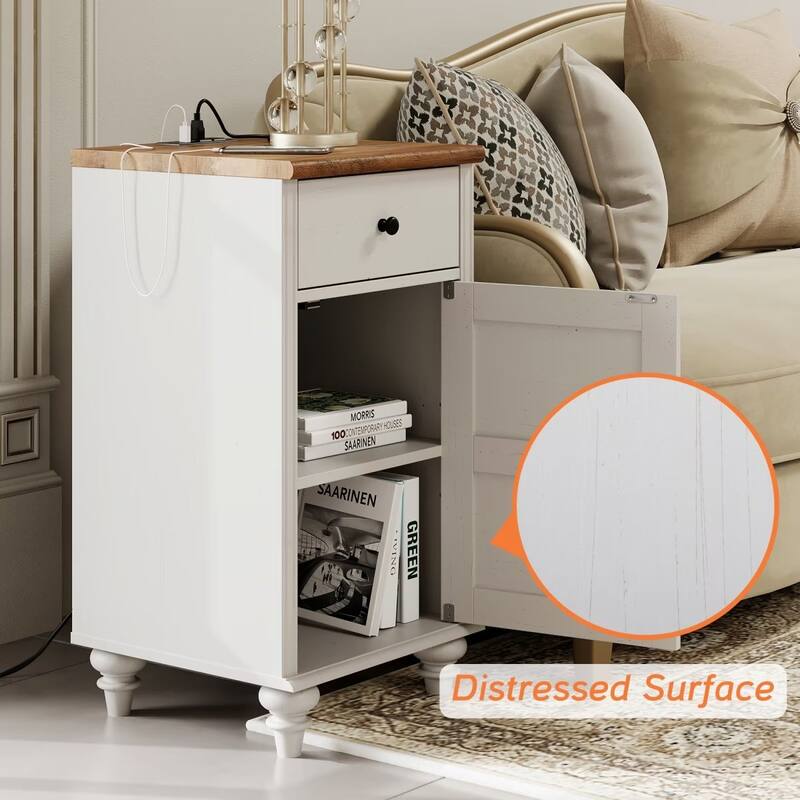 Set of 2 End Tables with Charging Station & Drawer Storage Cabinet