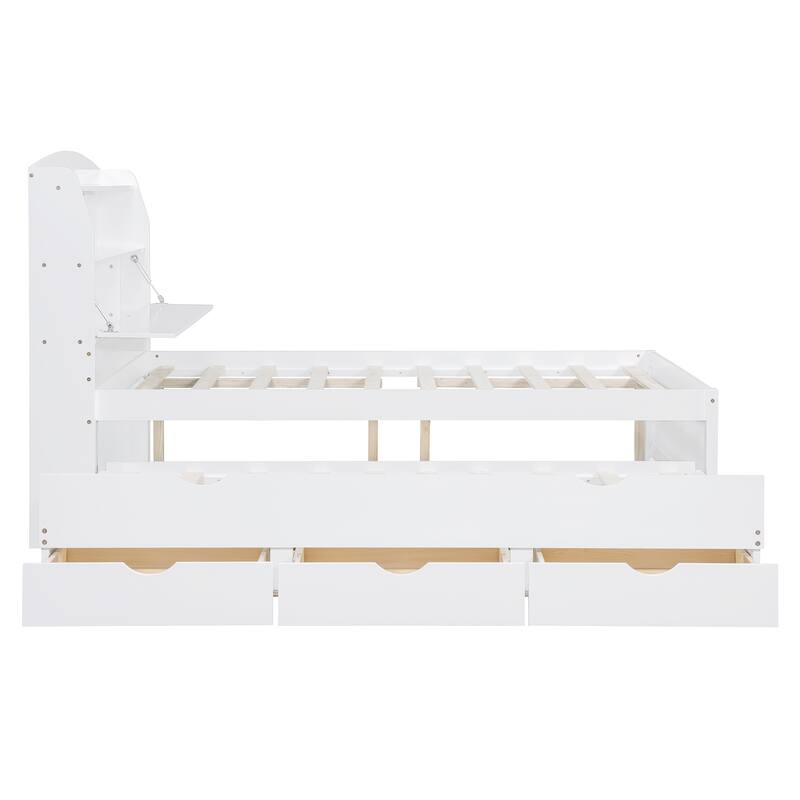 Full Platform Bed with Pull-Out Trundle, LED Headboard Lighting, USB Charging Ports, Flip-Up Storage, and Under-Bed Drawers