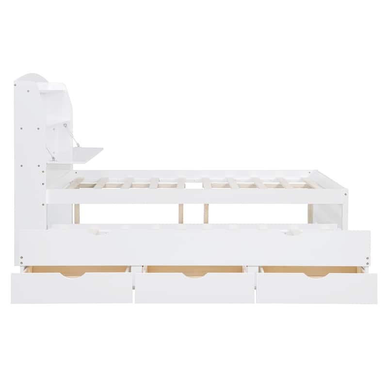 Full Size Wooden LED Platform Bed with Trundle, Storage Headboard Modern Floor Standing Bed Frame with Drawers