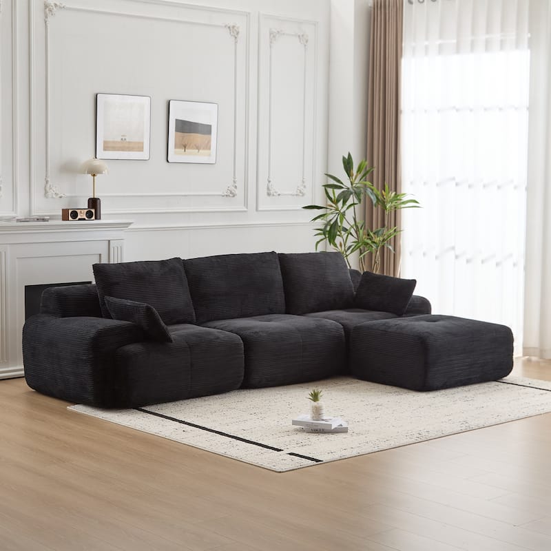 Ergonomic Deep Seat L-shaped Sectional Sofa with Chaise, Pet-Friendly Corduroy Modular Memory Foam Compressed Couch with Ottoman - Black
