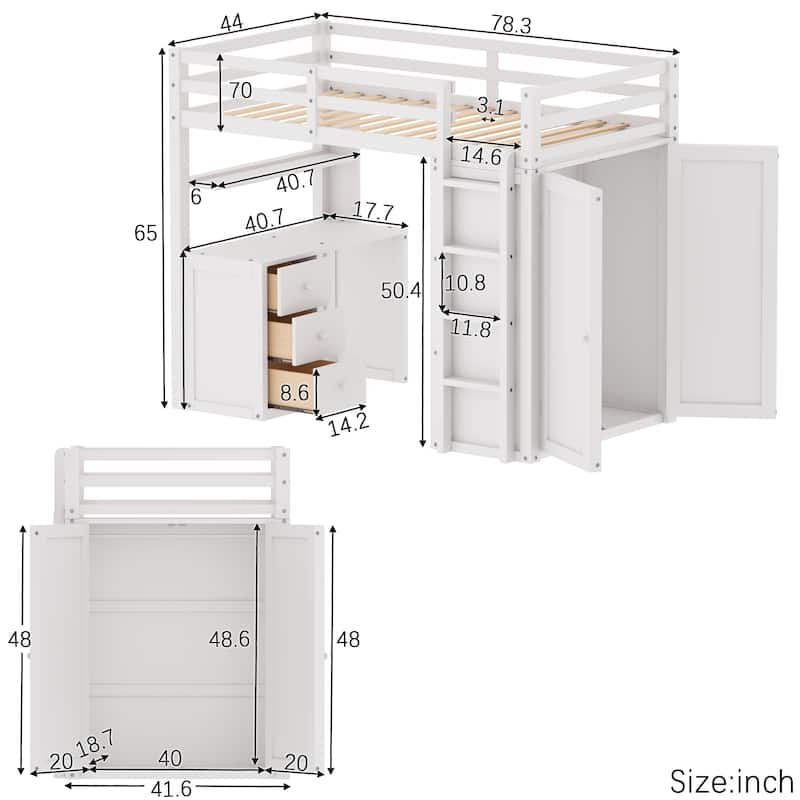 Twin size Loft Bed with Drawers,Desk,and Wardrobe