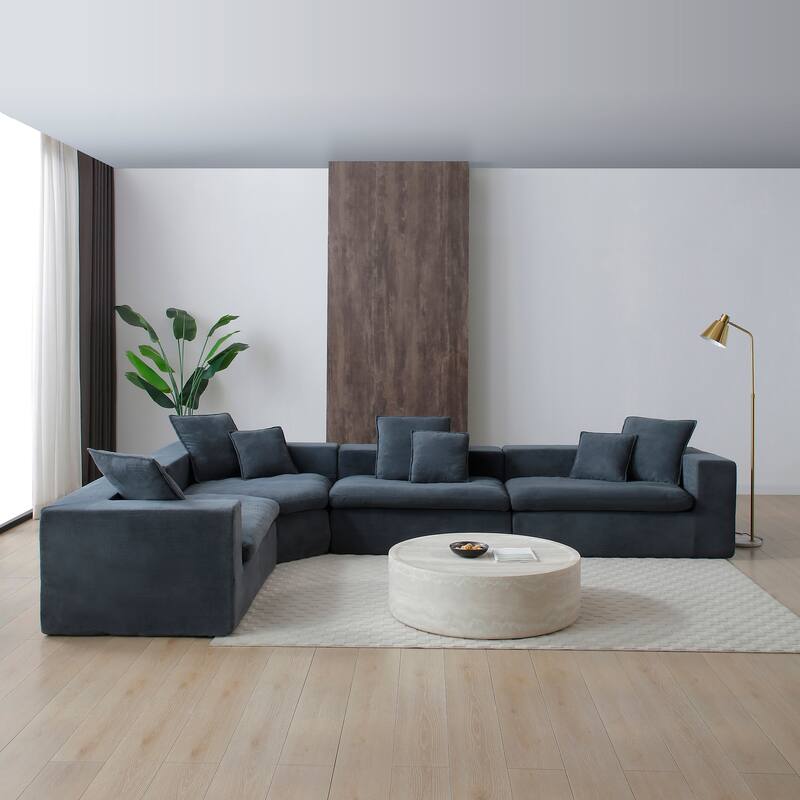 149" Oversize Grey Velvet L-Shape Chaise Modular Sofa, No Assembly Required - Multi-Color