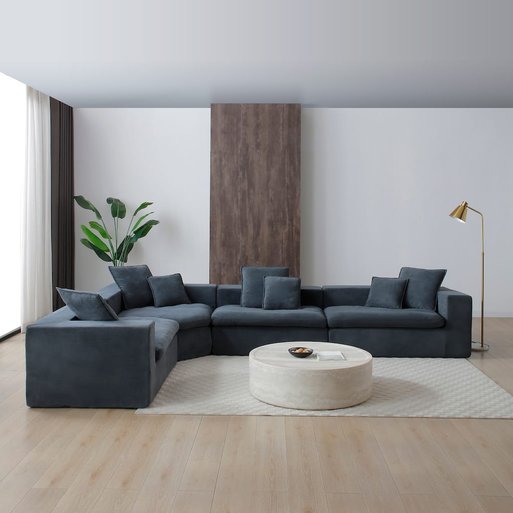 149" Oversize Grey Velvet L-Shape Chaise Modular Sofa, No Assembly Required