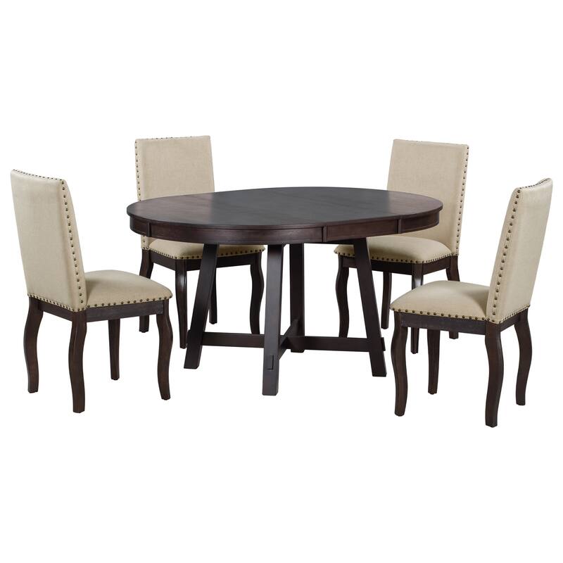 Modern 5-Piece Wooden Dining Table Set with Extendable Round Table & 4 Chairs