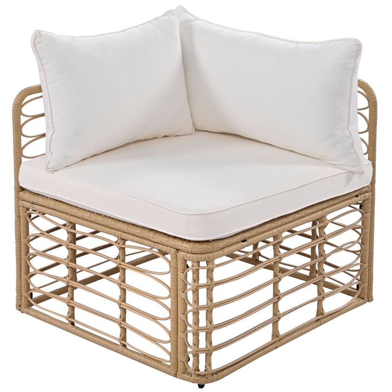 7 Pcs Outdoor Furniture Set, All-Weather Rattan Sectional Sofa Set with Thick Cushions and Pillows, Round Coffee Table