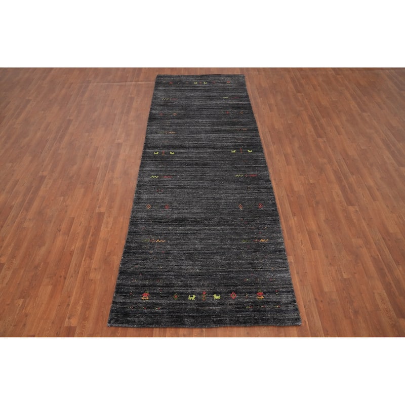 Hand Knotted Oriental Viscose Silk Carpet Tribal Animal Pictorial Greys & Charcoal Gabbeh Runner Rug - 11' 9'' X 4' 1''