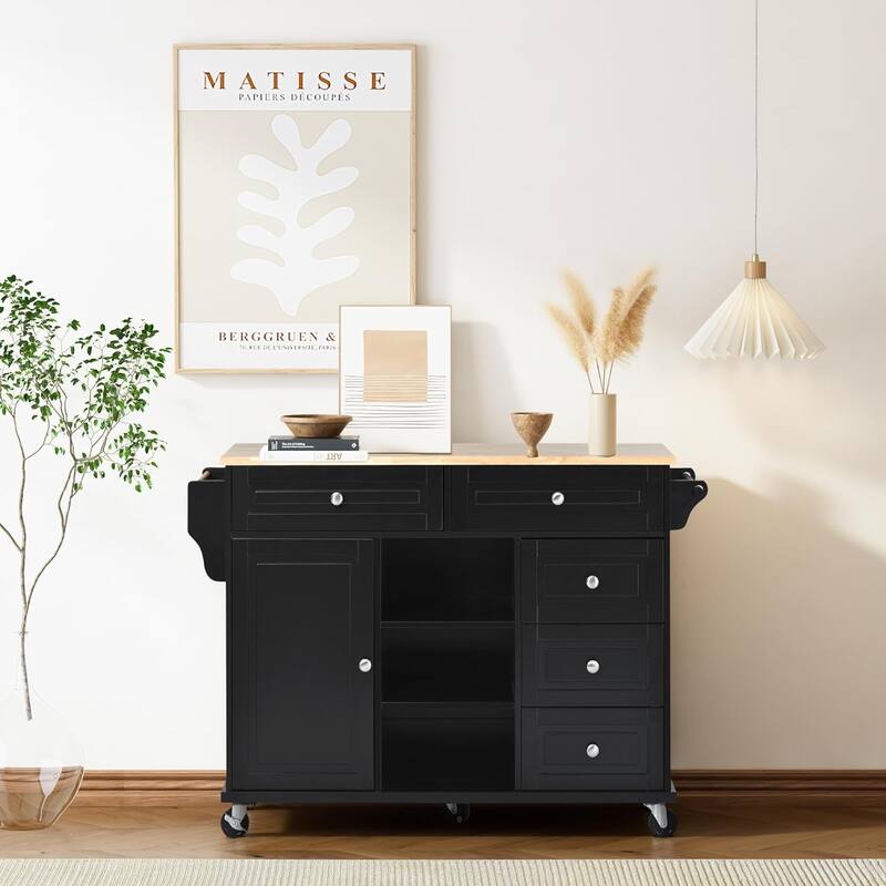 Roomfitters Kitchen Cart with Rubber wood Desktop - Rolling Mobile Kitchen Island with Storage and 5 Drawers, 53 Inch Length