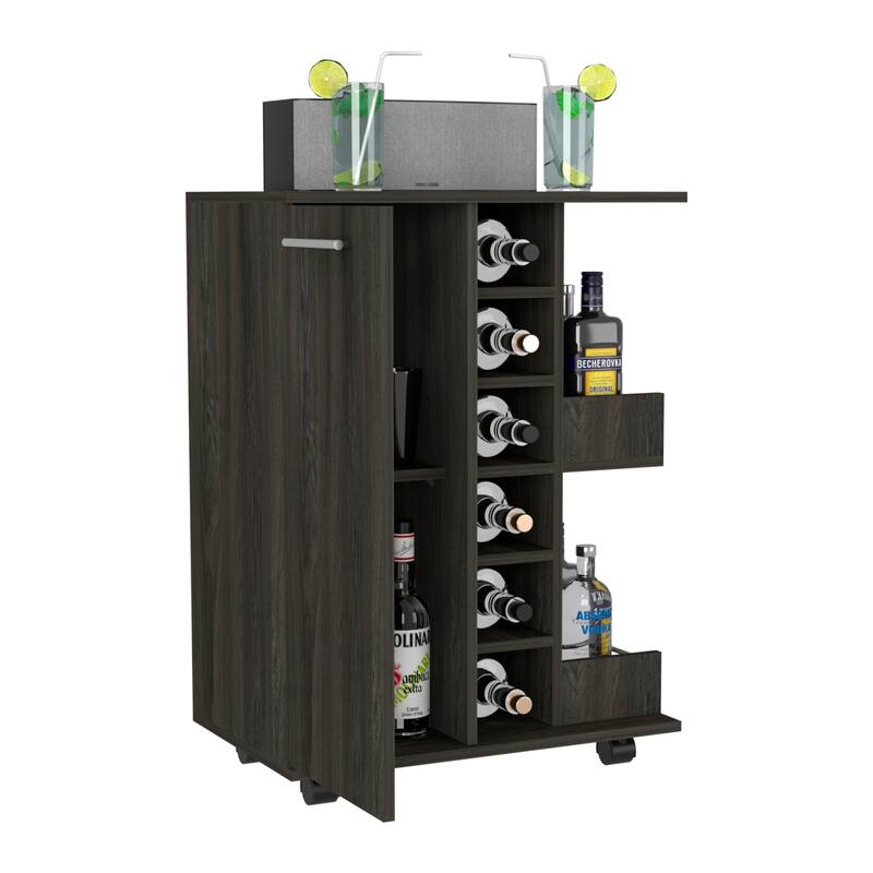 Bar Cart, Four Casters, Six Wine Cubbies, Single Door Cabinet