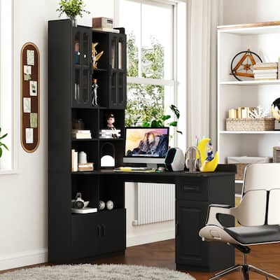 L-Shaped Corner Computer Desk,Study Modern Style Table with Drawers, Bookshelf & Hutch, 2-in-1 L-Shaped Design