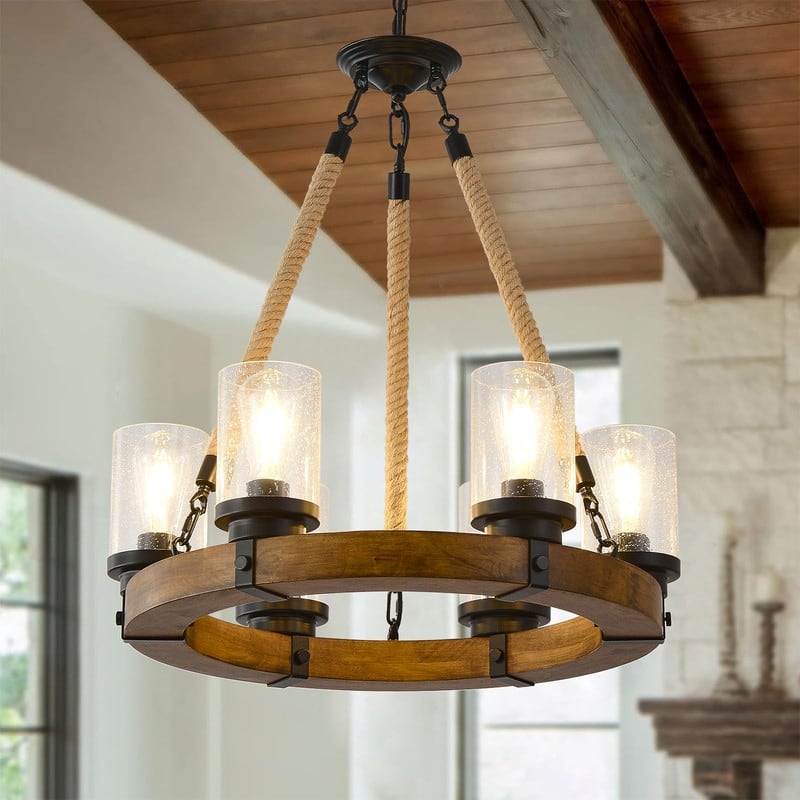 Farmhouse Wagon Wheel Chandelier,6 Light Round Wagon Wheel Chandelier - 25” in diameter x 27”