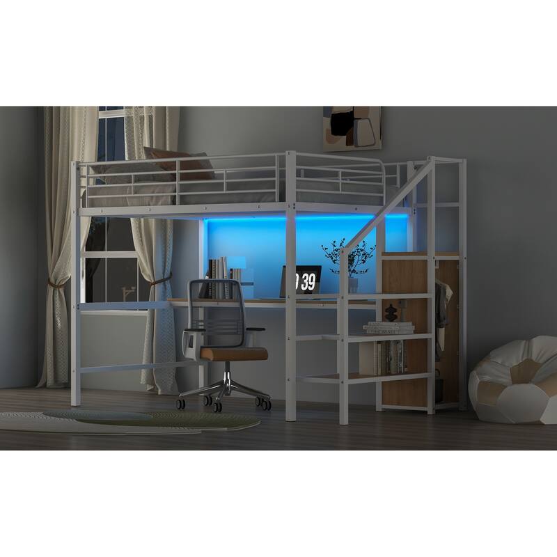 Full Size Metal Loft Bed with Desk, Storage Staircase, Small Wardrobe, and LED Light