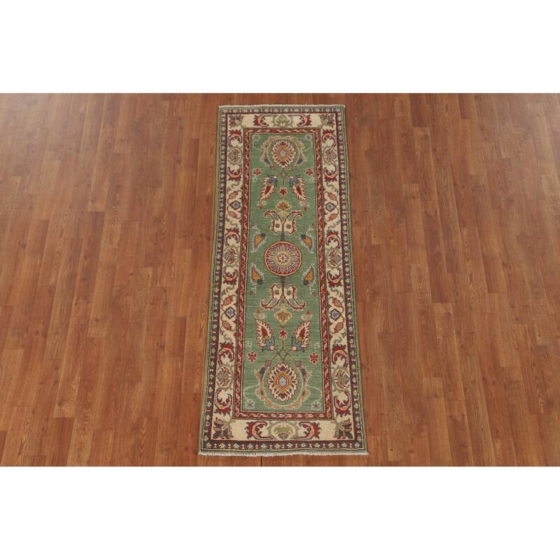 Floral Kazak Runner Rug Handmade Green Wool Carpet - 2'2" x 5'11"