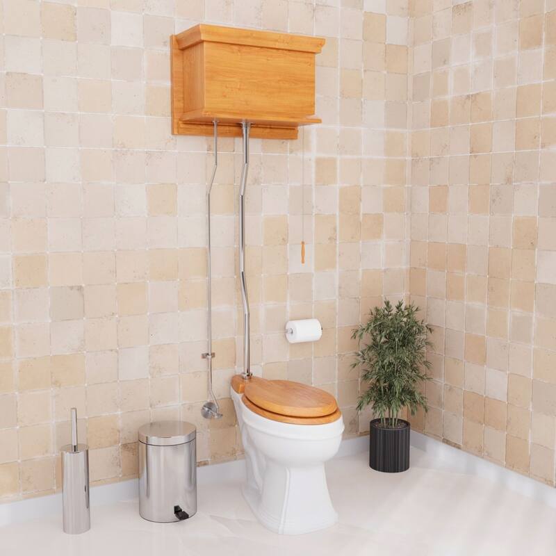 High Tank Toilet - Light Oak Wooden Raised Tank, White Elongated Bowl and Chrome L Pipe Renovators Supply