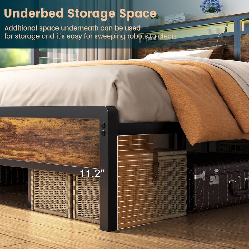 Farmhouse Wood Platform Bed Frame with Charged Station and LED Lights