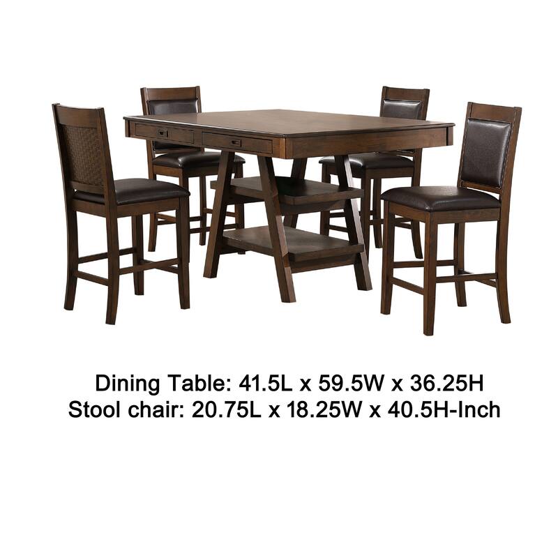 Wey 5pc Counter Height Dining Table and 4 Chairs Set, Brown, 2 Shelves