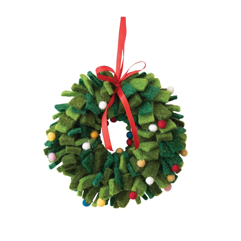 Handmade Wool Felt Wreath Ornament with Pom Poms - 6.8"L x 6.8"W x 2.0"H - Wool - Multi