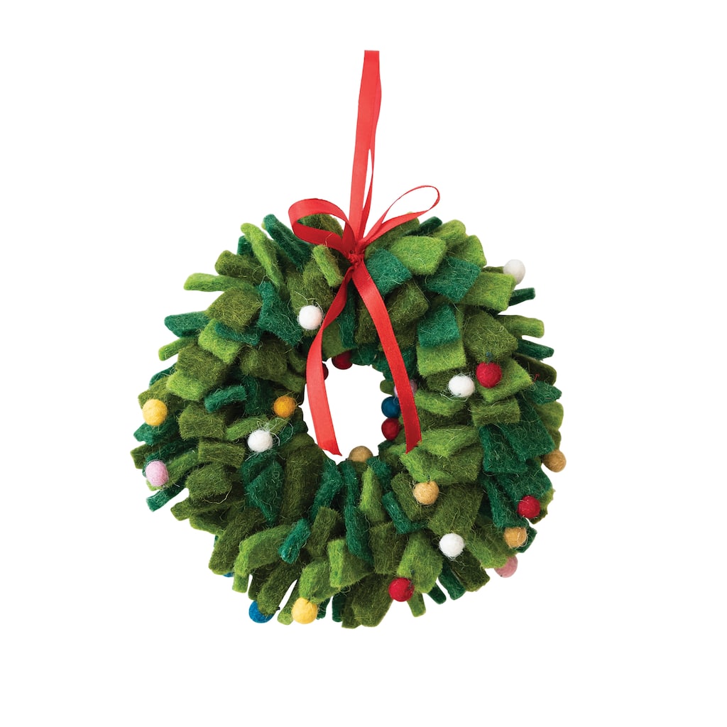 Handmade Wool Felt Wreath Ornament with Pom Poms - 6.8"L x 6.8"W x 2.0"H