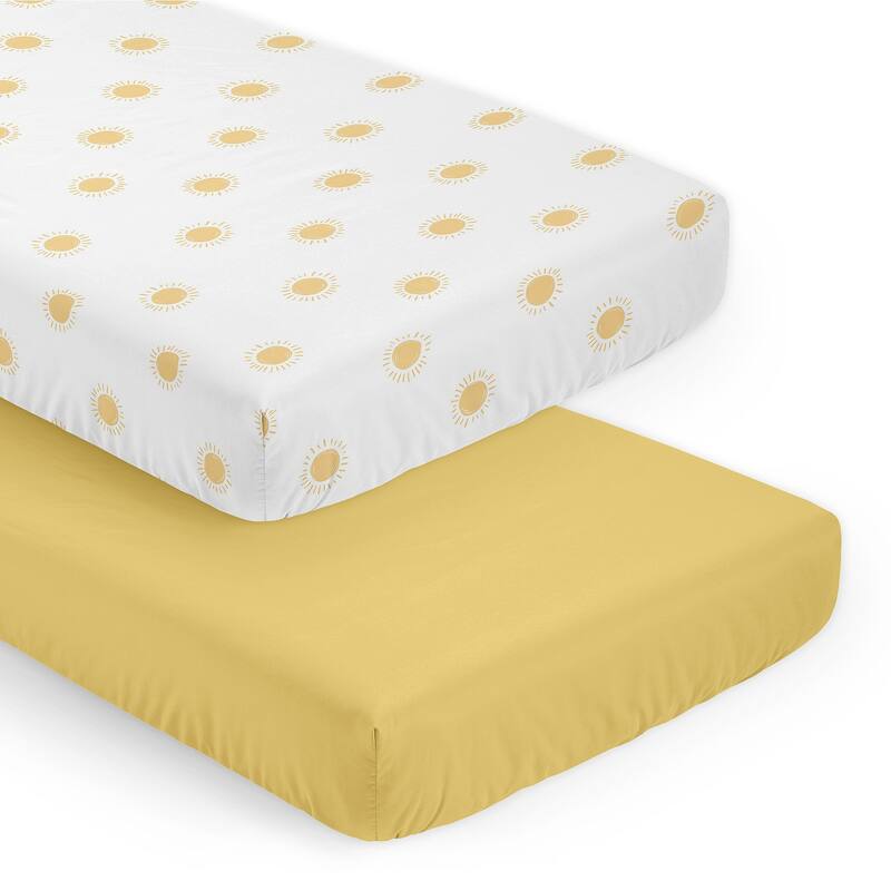 Sweet Jojo Designs White and Yellow Boho Sun Boy, Girl Unisex/Gender Neutral 2 Pack Fitted Crib Sheets -Solid Mustard, Celestial