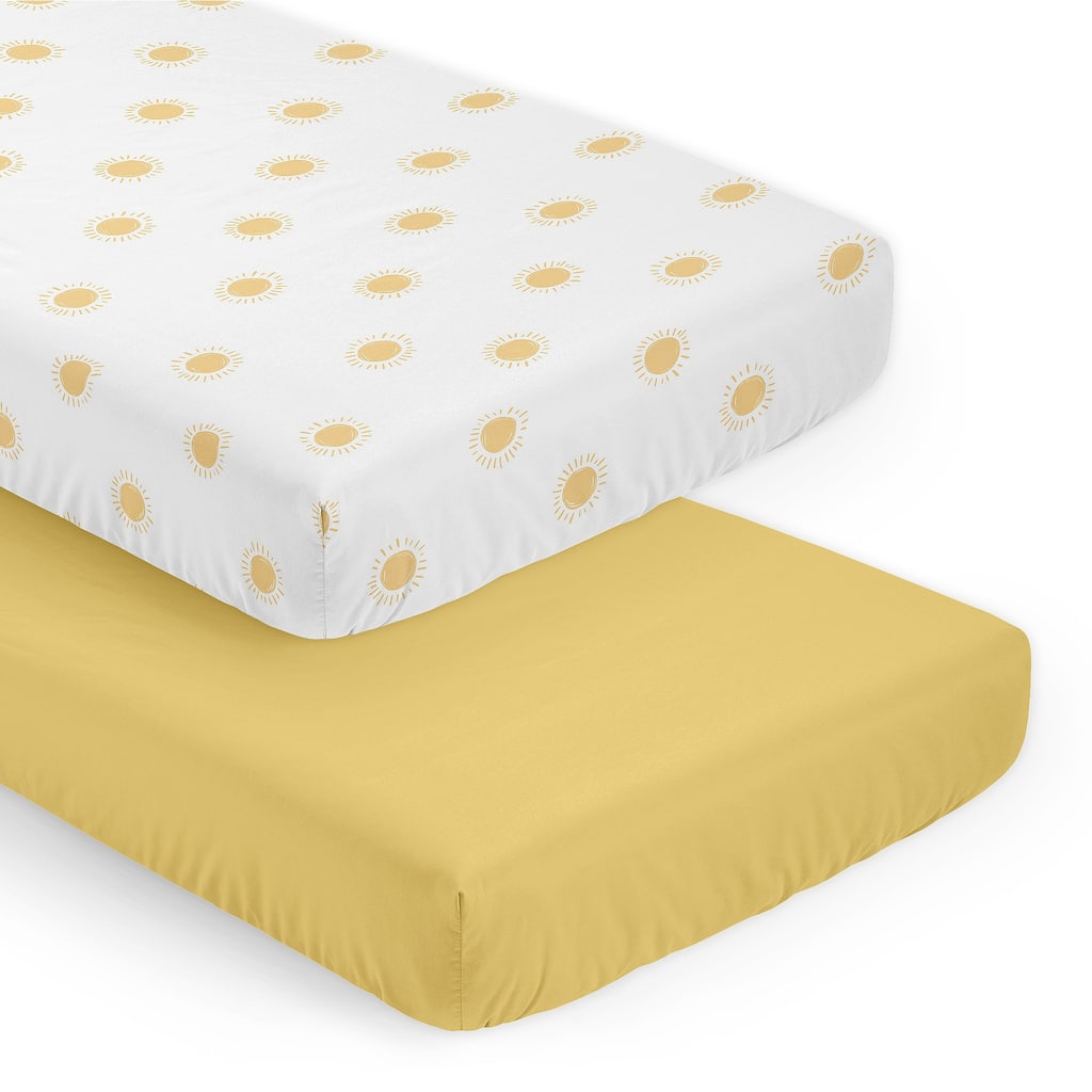 Sweet Jojo Designs White and Yellow Boho Sun Boy, Girl Unisex/Gender Neutral 2 Pack Fitted Crib Sheets -Solid Mustard, Celestial