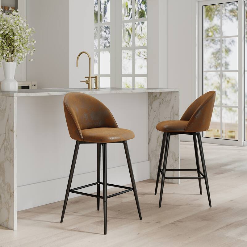 Homy Casa Set of 2 Upholstered Counter Stools with Curved Back and Metal Legs for Kitchen Islands,Breakfast Bars - N/A - Set of 2 - Brown