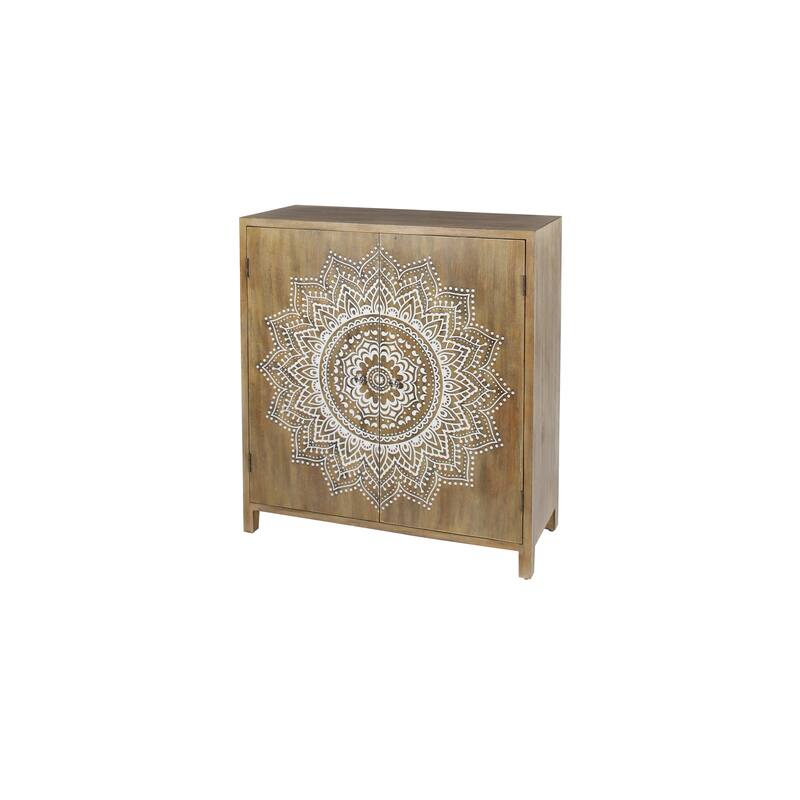 Wood Floral Intricately Carved 1 Shelf and 2 Doors Room Cabinet - Brown - Roche River Decor - Brown