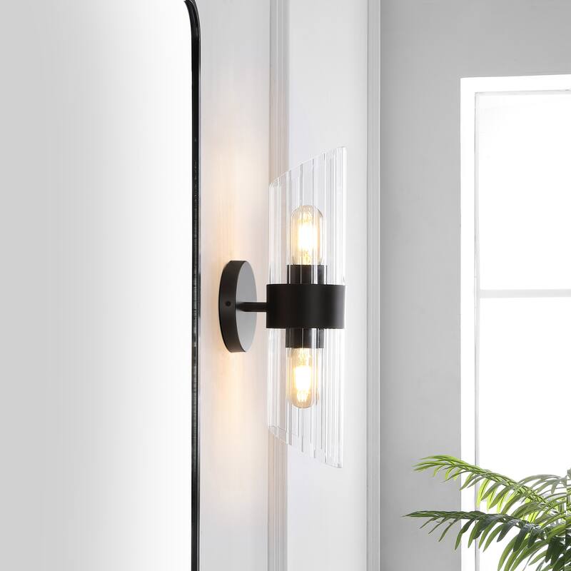 SAFAVIEH Lighting Eytan 2-light 6-inch Glass Wall Sconce with Bulbs (Set of 2) - 6.3 in. W x 4.8 in. D x 16.5 in. H - Black