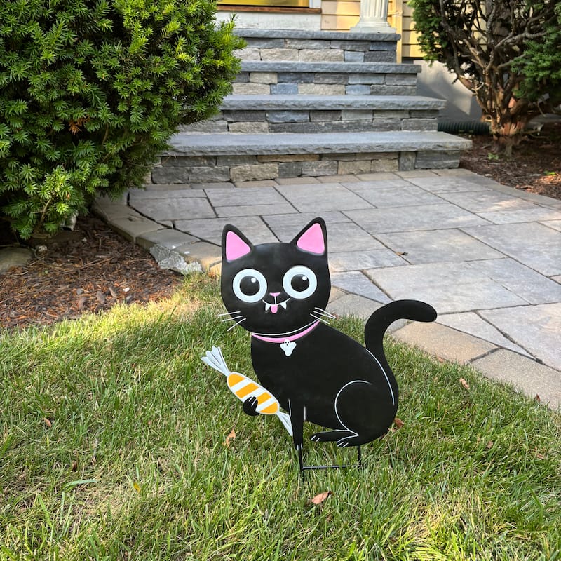 20" Metal Halloween Black Cat with Candy Garden Stake