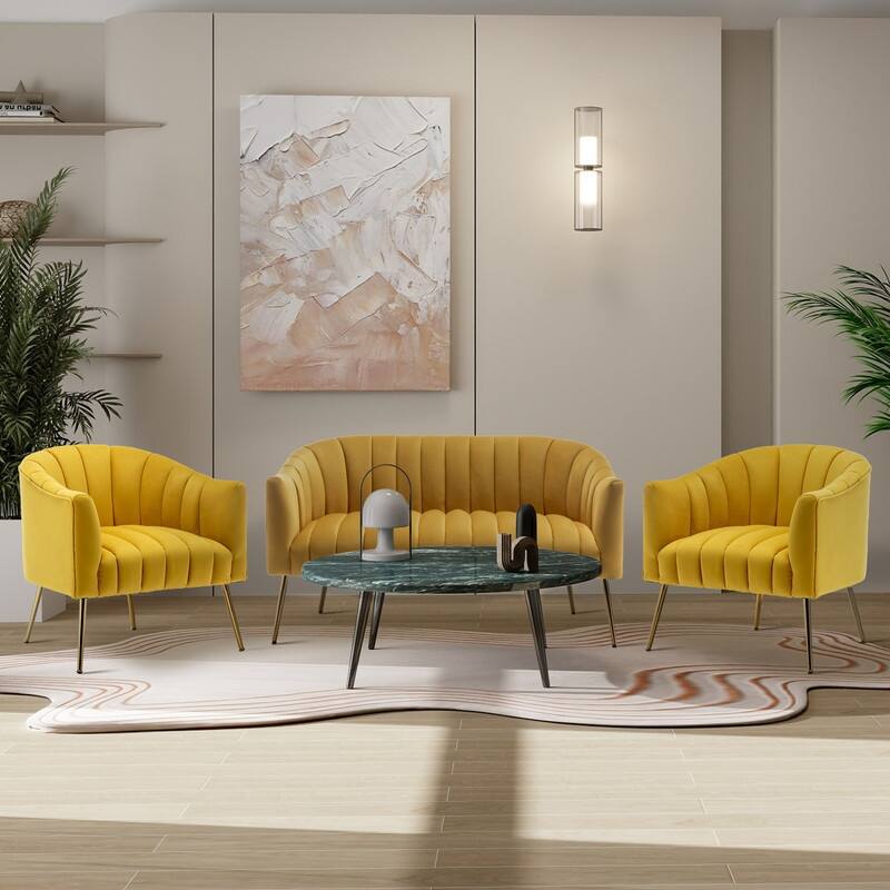SEYNAR Modern Velvet Upholstered 3 Piece Living Room Set with Golden Legs - Yellow