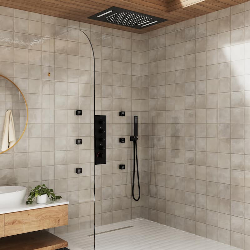 Luxury 4-Spray Patterns 23 in. Ceiling Mount Shower System with Handheld Shower Head, 6 Body Jets, LED, and Music - 15" x 23"