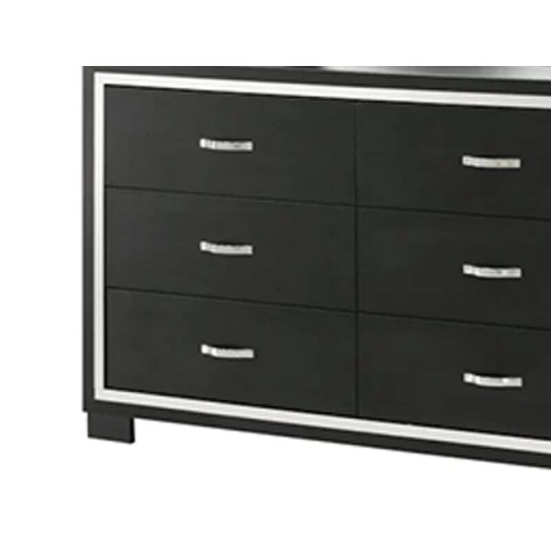 Geny 2pc Dresser and Mirror Set, 6 Drawers, Silver Trim, Black Wood