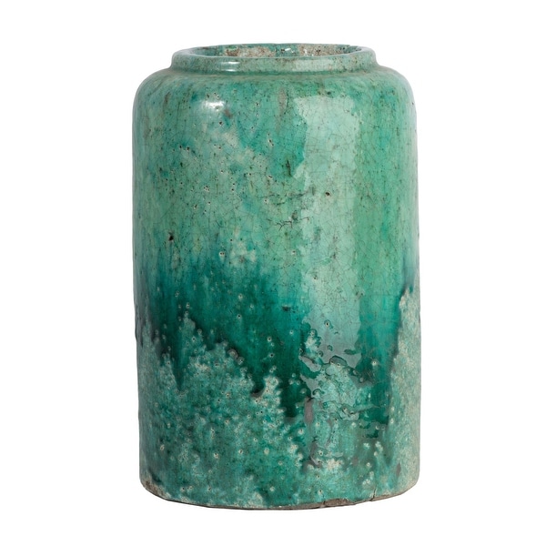 12" Green Teal Terracotta Vase With Elegant Teal Finish - N/A