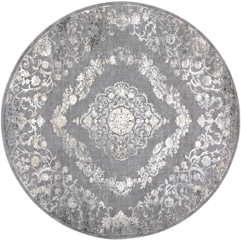 Livabliss Tibetan Updated Traditional Medallion Area Rug - 7'10" x 7'10" Round - Grey