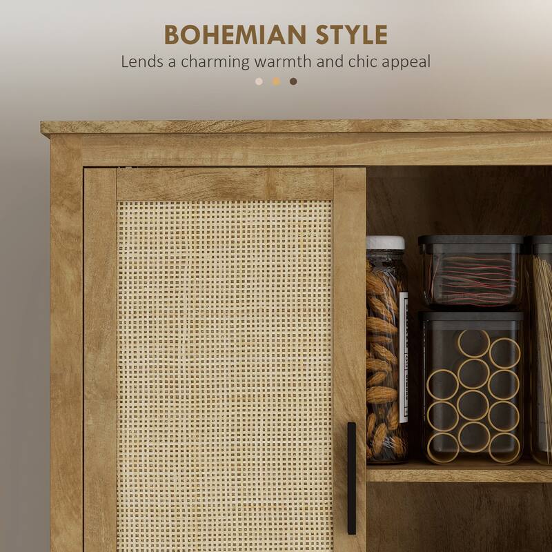 HOMCOM Boho Kitchen Pantry Cabinet with 4 Rattan Decorated Doors ,64" Freestanding Kitchen Storage Cabinet , 4 Tier Shelves