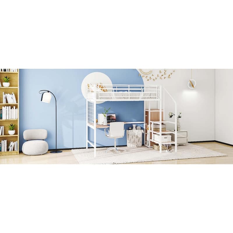 Metal Loft Bed with Desk ,Storage Ladder & Wardrobe