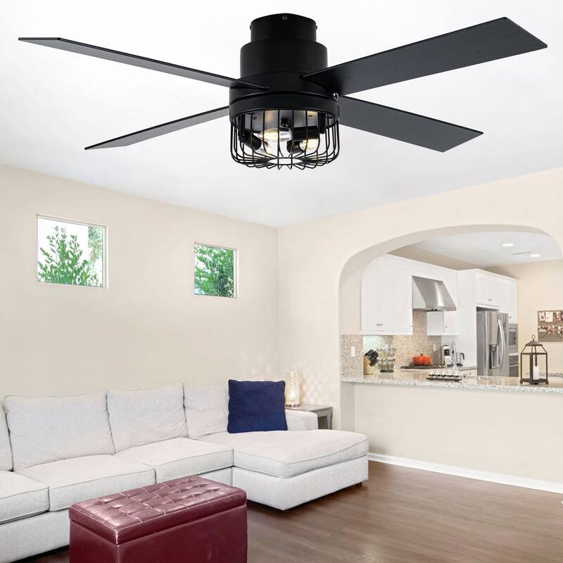 Chichoice 52" Noiseless Black Modern Flush Mount Ceiling Fan Reversible Blades with Light 6 speed Timing Remote Control