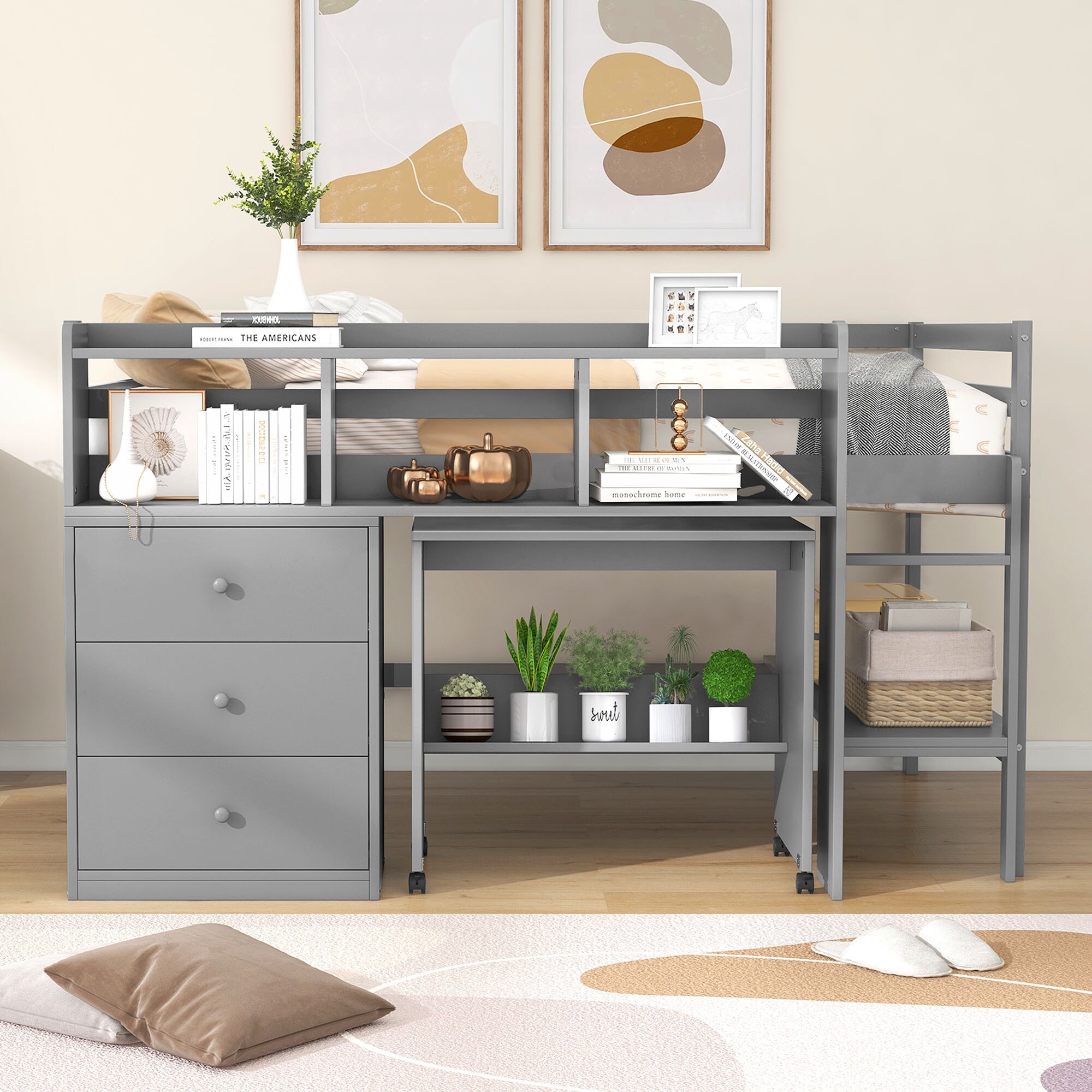 Full Size Low Loft Bed with Rolling Portable Desk Drawers