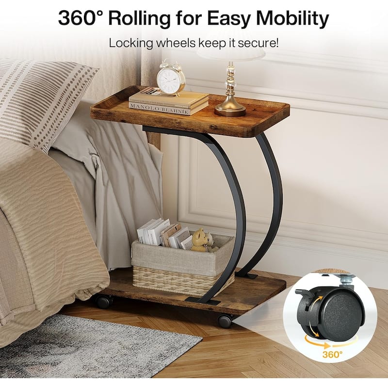 2-Tier C-Shaped Side Table with Wheels, Industrial End Bedside Snack Couch Table with Metal Frame
