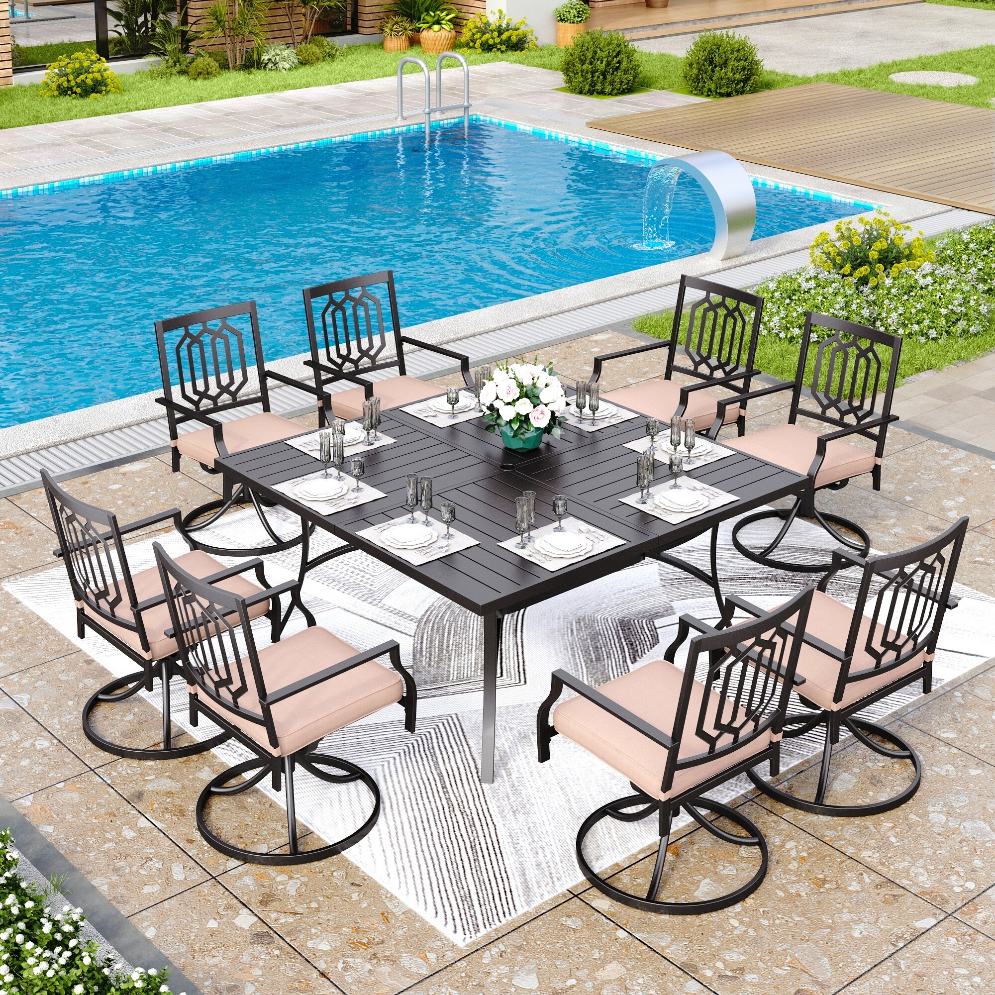 MAISON ARTS 9 Piece Patio Dining Set 60 Inch Square Metal Table and 8 Swivel Dining Chairs On Sale Bed Bath Beyond 37981919