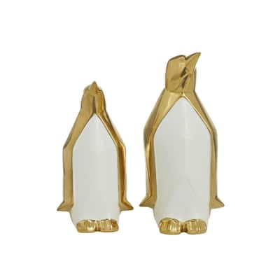Porcelain Ceramic Penguin Decorative Sculpture - Set of 2 Gold - Roche River Decor