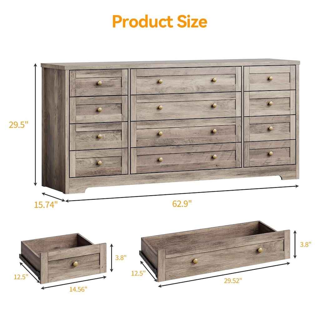 Dresser for Bedroom,Withe Long Wood Dresser with 12 Drawers,Storage Chest of Drawers with Plug-in Charging Hub
