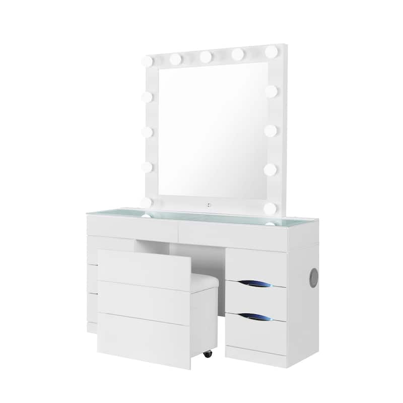 HomeRoots 62" White Wood And Glass Six Drawer Vanity Table With Mirror Seating And Lights