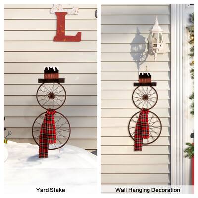 Glitzhome Christmas Metal Bike Wheel Snowman Yard Stake with a Plaid Scarf ( 2 Function)