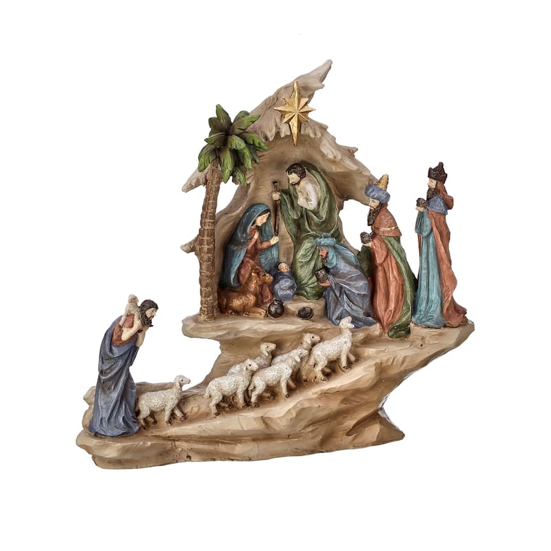 13.5" Resin Stairway Nativity W/Sheep Herd