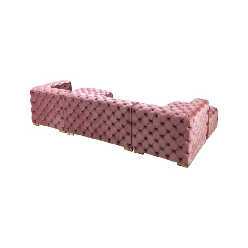 HomeRoots Tufted Pink Velvet Modular U Shaped Sofa and Chaise Sectional With Toss Pillows