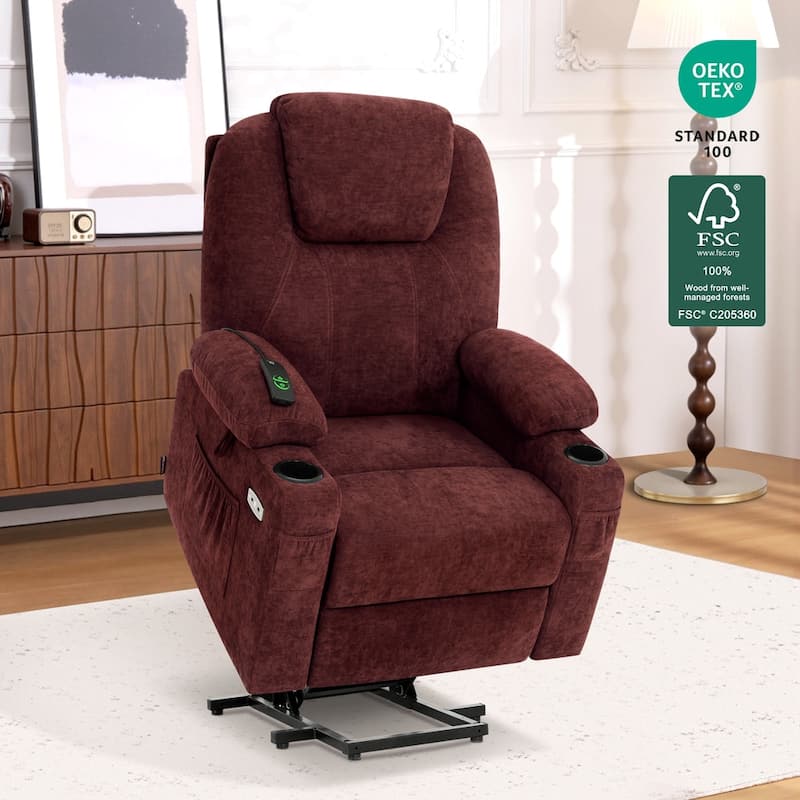 Power Lift Recliner Chair for Elderly, Massage and Heat, Fabric - Sangria