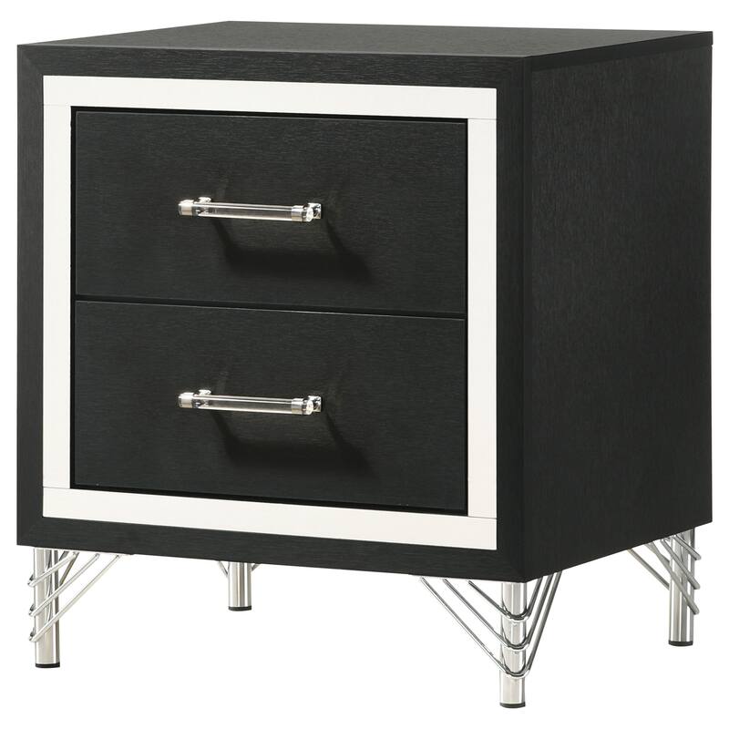Sleek Black 2-Drawer Nightstand with Chrome Trim and Hairpin Legs